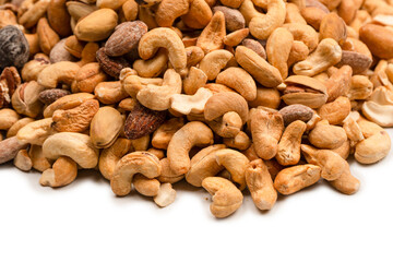 A group of almonds, pistachios, walnuts, macadamia, cashews.