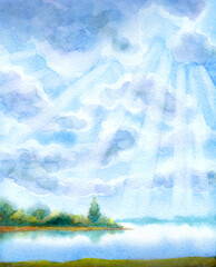 Fototapeta premium Bright clouds in the evening sky. Watercolor landscape