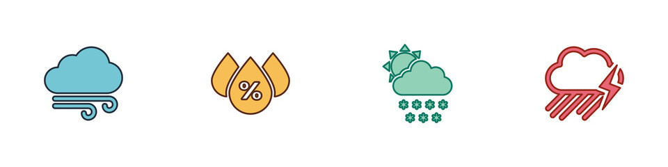 Set Windy weather, Water drop percentage, Cloud with snow and sun and rain lightning icon. Vector