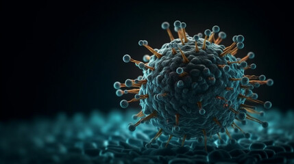 Coronavirus (COVID-19) pandemic risk concept of the COVID-19 virus disease Virus microscope close up view, 3D illustration.Generative AI.