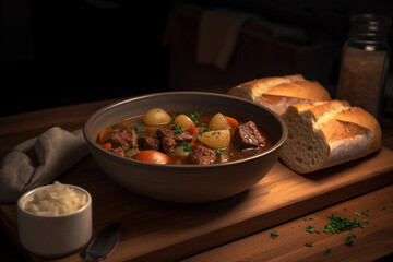 Slow-cooked beef stew with a side of garlic bread