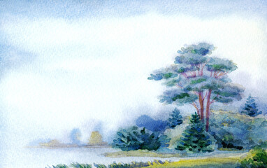 Watercolor landscape. Tree by the lake