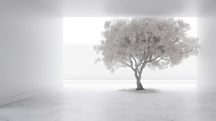 minimal white room with tree in room 3d illustration. Generative AI.