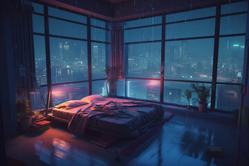 Bedroom Night Cyberpunk City | Generative Ai