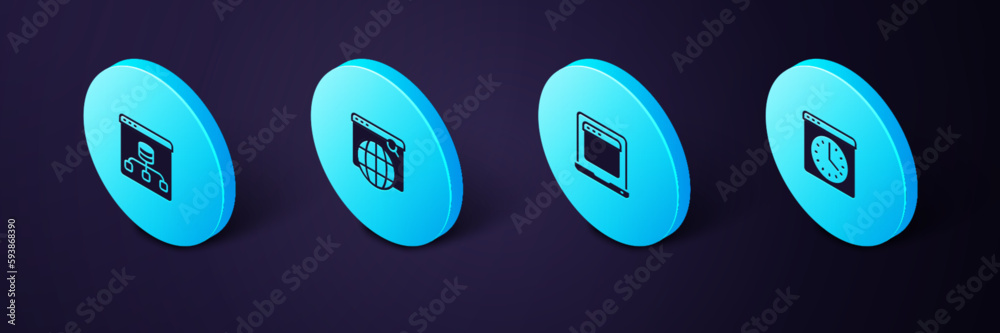 Poster set isometric browser window, laptop with browser, search engine and server, data icon. vector