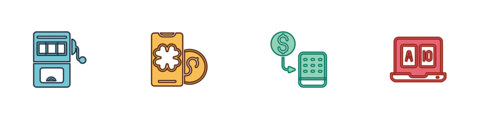 Set Slot machine, Online poker table game, Casino chips exchange and icon. Vector