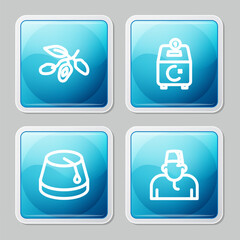 Set line Date fruit, Donate or pay your zakat, Turkish hat and Muslim man icon. Vector