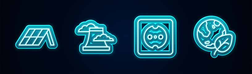 Set line Solar energy panel, Nuclear power plant, Electrical outlet and Earth globe and leaf. Glowing neon icon. Vector