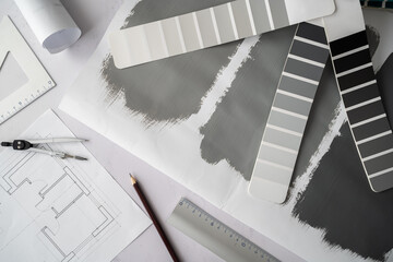 Home floor plans projects and open grayscale color palette guide catalog with colour swatches and...