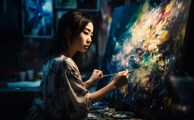 young Asian artist, passionately painting with creativity and skill, while the perfect lighting accentuates the vivid colors and intricate details of her beautiful artwork. generative AI