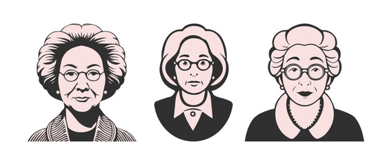 Vector set of portraits of women of different ages. Simple monochrome stencil, grandmother, lady and madam. White isolated background. Icons, stickers or labels.