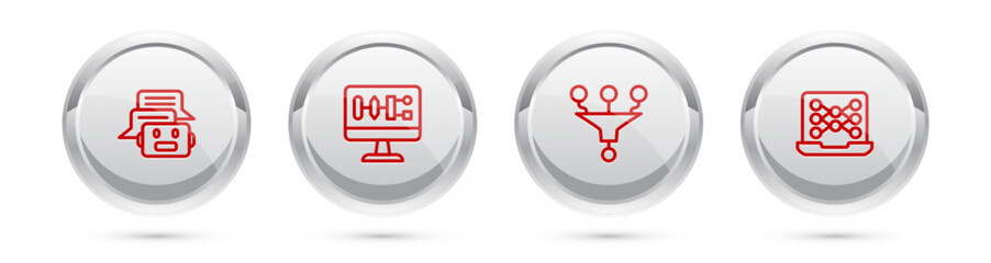 Set line Chat bot, Algorithm, Funnel filter and Neural network. Silver circle button. Vector