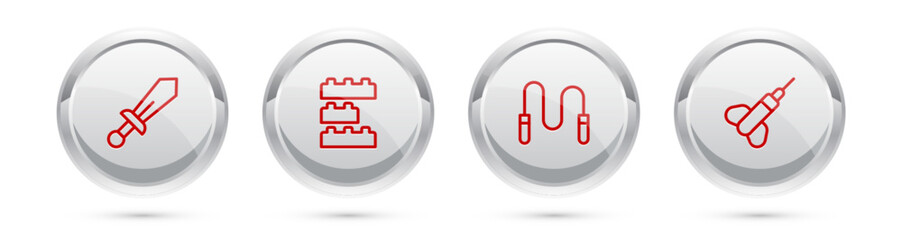 Set line Sword toy, Toy building block bricks, Jump rope and Dart arrow. Silver circle button. Vector