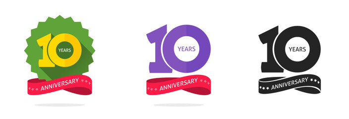 10 anniversary year stamp seal black badge silhouette vector icon graphic, 10th jubilee birthday party label logo set clipart image pictogram simple red green yellow number ribbon © vladwel