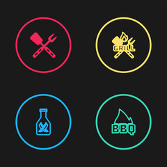 Set line Ketchup bottle, Barbecue fire flame, Crossed fork and spatula and icon. Vector