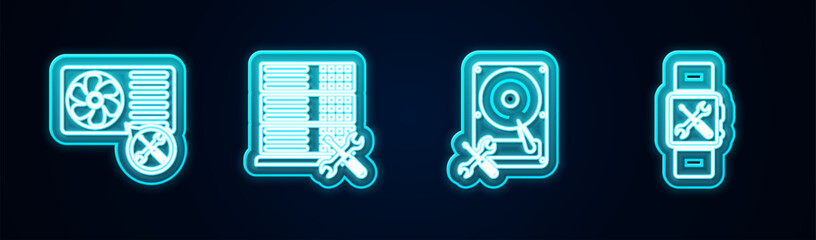 Set line Air conditioner service, Database server, Hard disk drive and Smartwatch. Glowing neon icon. Vector