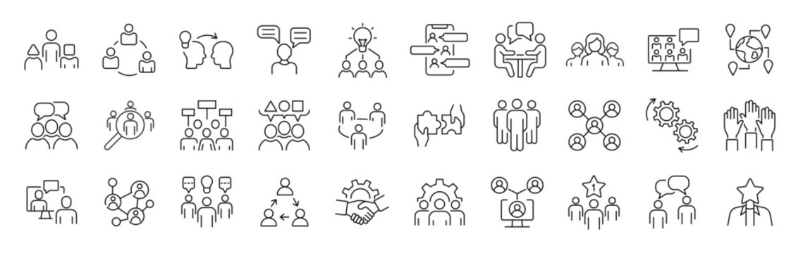 Set of 30 thin line icons related  team, teamwork, co-workers, cooperation. Linear busines simple symbol collection.  vector illustration. Editable stroke