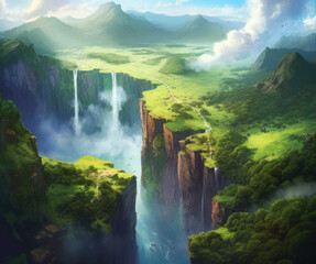 Aerial view of waterfall in the mountains. Generative AI.