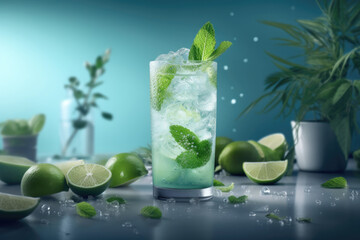 Fototapeta premium Mojito cocktail with mint. Generative AI.