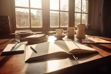 Morning coffee with books. Generate Ai