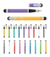 Collection de stylos plumes à encre - Fournitures de bureau et matériel scolaire - Set de vecteurs colorés.