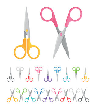 Collection de ciseaux - Fournitures de bureau et mat&eacute;riel scolaire - Set de vecteurs color&eacute;s.