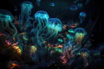 Jellyfish in the sea. Generative AI.