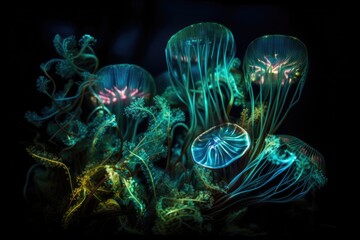 Jellyfish in the sea. Generative AI.