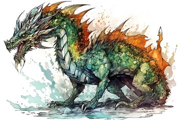 Drawn illustration of an epic green dragon, clip art, digital art, white background, watercolor