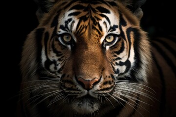 Fototapeta na wymiar Portrait of a tiger in dark background. Generative AI.
