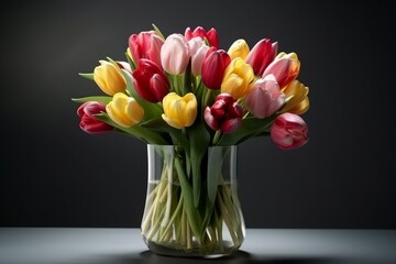 Tulip bouquet in glass vase. Generate Ai