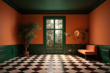 Modern orange and green living room. Generative AI.