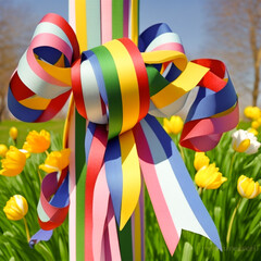 Maypole Day._May_Day._Decoration_with_colored_ribbo generative AI
