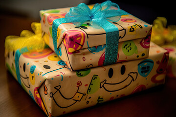 Fototapeta na wymiar two wrapped gifts in smiling wrapping paper, Generative AI 