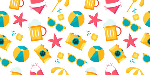 Summer seamless pattern with hobby and leisure beach objects, decorative pattern, wrapping paper, colorful background.