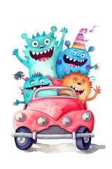 Group of monsters in a car watercolor painting on white