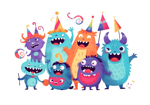 Party monsters celebrating watercolor painting on white