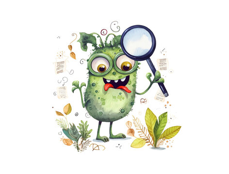 Monster on the road as botanist with magnifying glass