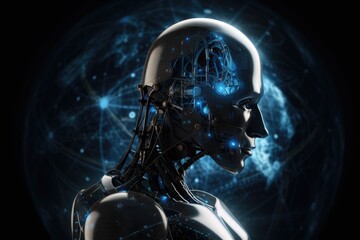 Robot cyborg in the dark background. Generative AI.