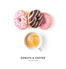 Donuts and cup of coffee isolated on white background.