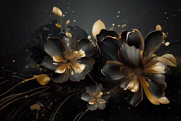 Abstract black and gold floral background. Generative AI.