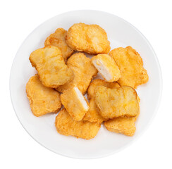Fried chicken nugget on white plate isolated on white background, Fried nugget on white PNG file.