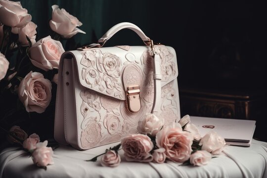 White handbag with flowers. Generative AI.