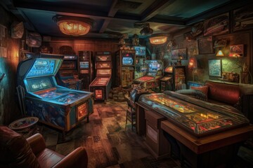 Vintage interior of the games room. Generative AI.