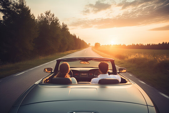 Picture Of The Back Of Happy Young Couple Driving Sports Convertible Down Country Road In Convertible At Sunset	