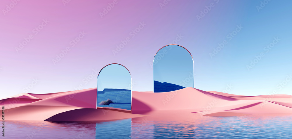 Wall mural 3d render surreal pastel landscape background with geometric shapes, abstract fantastic desert dune 