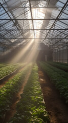 Inside a vegetable greenhouse, there is a neat and uniform organic vegetable field. agriculture business. ai generative