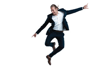 Fototapeta na wymiar Young successful businessman in suit rejoicing, jumping over transparent background