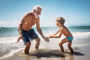 Senior man and a child playing and splashing with water on a beach in summer