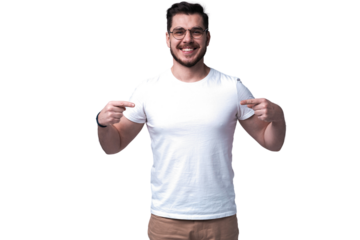 smiling young casual man presenting something on transparent background